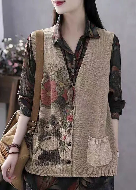 Women's cropped leather coats with silver studs for an edgy lookWomen Khaki V Neck Print Button Cotton Knit Waistcoat Sleeveless