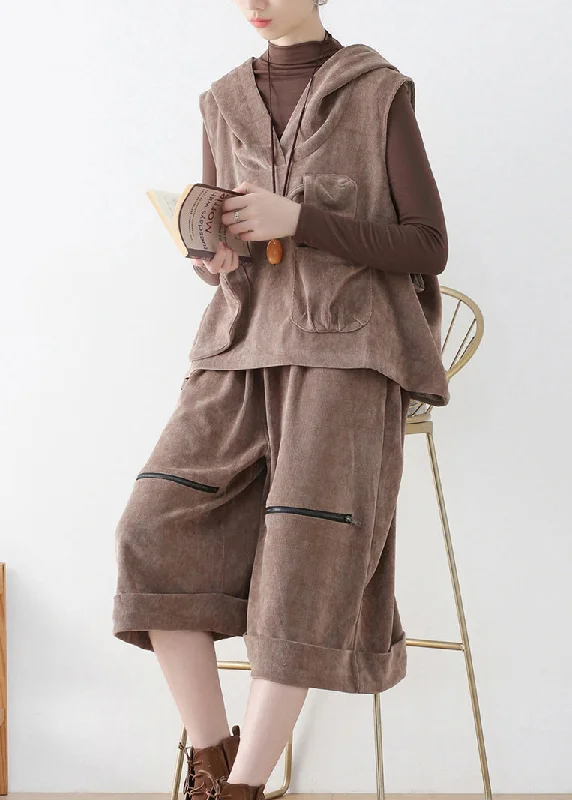 Hooded women's puffer coats in neon colors for high - visibility sportsWomen Khaki Velour Hooded Waistcoat And Crop Pants Two Pieces Set Fall