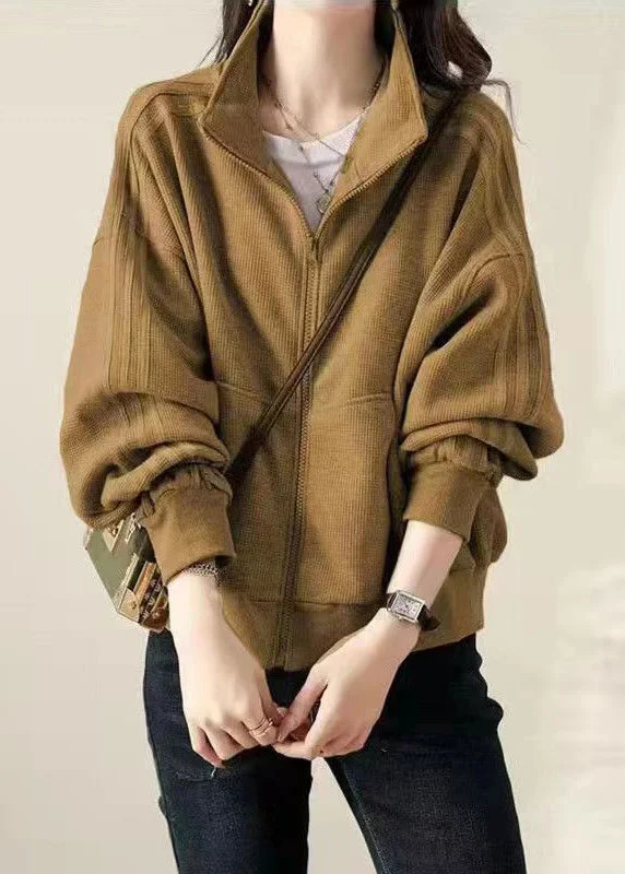 Women's long - sleeve wool coats in a houndstooth pattern for a classic charmWomen Khaki Zip Up Pockets Patchwork Cotton Coat Fall