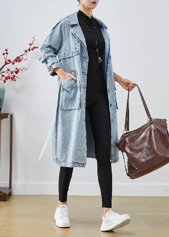 Women's reversible down coats with two - tone designs for versatile stylingWomen Light Blue Lapel Patchwork Denim Trench Coats Fall Women's reversible down coats with two - tone designs for versatile stylingWomen Light Blue Lapel Patchwork Denim Trench Coats Fall