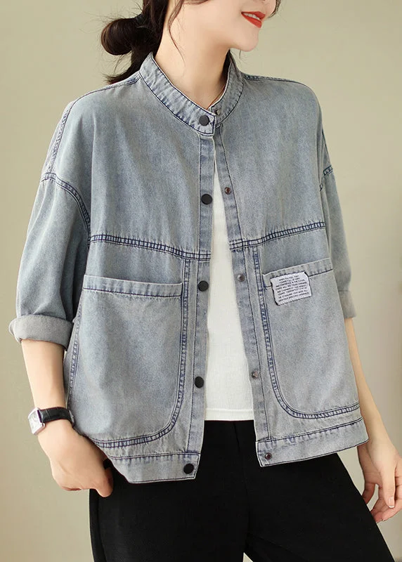 Women's waterproof parka coats with multiple pockets for practicalityWomen Light Blue Stand Collar Pockets Denim Jackets Spring