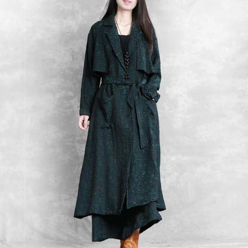 Hooded women's puffer coats in neon colors for high - visibility sportsWomen Notched tie waist Fine coats blackish green print loose outwear fall