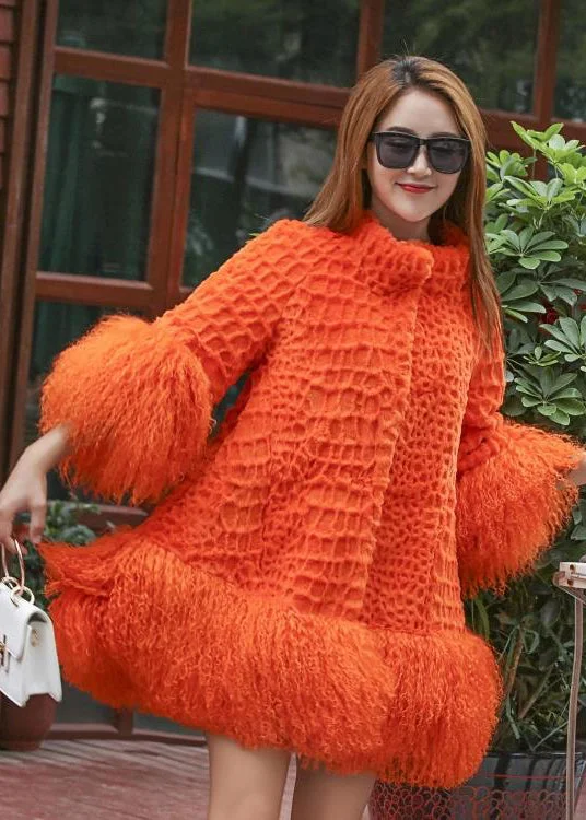 Plus size women's wool blend coats for a warm and stylish winterWomen Orange Fluffy Patchwork Wool Coat Winter