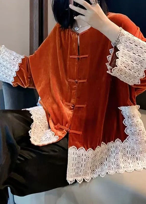 Petite women's wool blend coats with a tailored fit for a flattering silhouetteWomen Orange Lace Patchwork Silk Velour Coats Long Sleeve