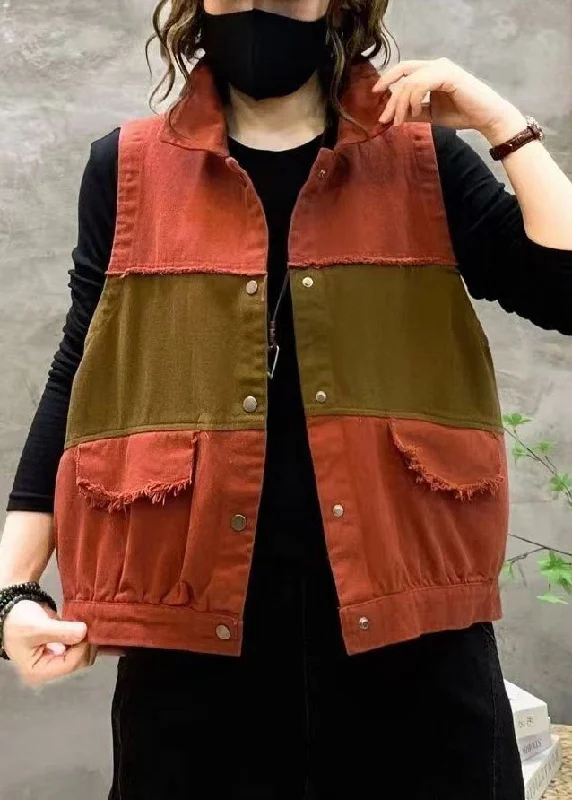 Plus size women's wool blend coats for a warm and stylish winterWomen Orange Peter Pan Collar Button Patchwork Cotton Waistcoat Sleeveless