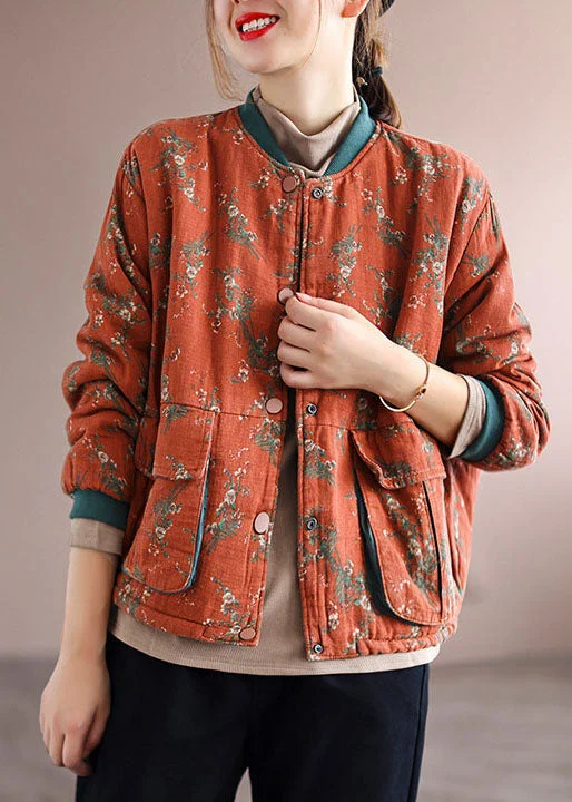 Women's knee - length wool blend coats with a fur collar for added warmthWomen Orange Pockets Print Fine Cotton Filled Coats Spring