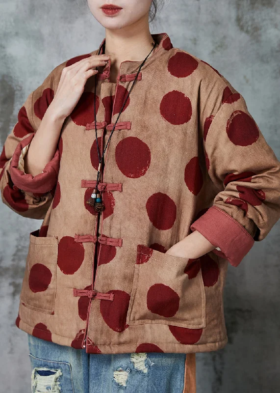 Women's reversible down coats with two - tone designs for versatile stylingWomen Orange Print Chinese Button Fine Cotton Filled Coat Winter