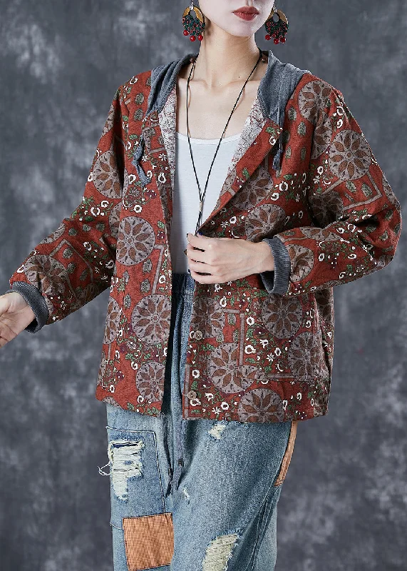 Long women's mac coats in a lightweight fabric for spring showersWomen Orange Red Hooded Print Cotton Jacket Fall