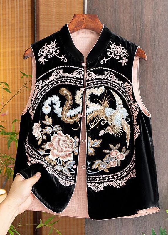Mid - length women's down coats in a slim fit for a modern and sleek appearanceWomen Pink Embroideried Button Patchwork Silk Waistcoat Sleeveless