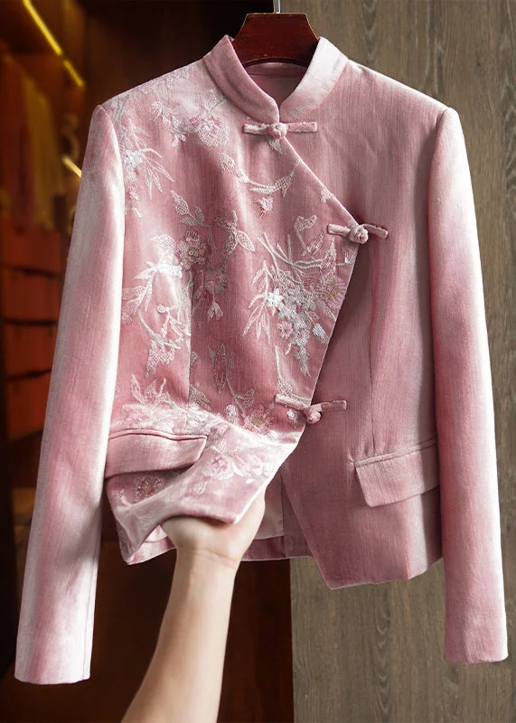 Women's pea coats with brass buttons for a nautical - inspired styleWomen Pink Stand Collar Embroideried Sequins Patchwork Cotton Coat Fall