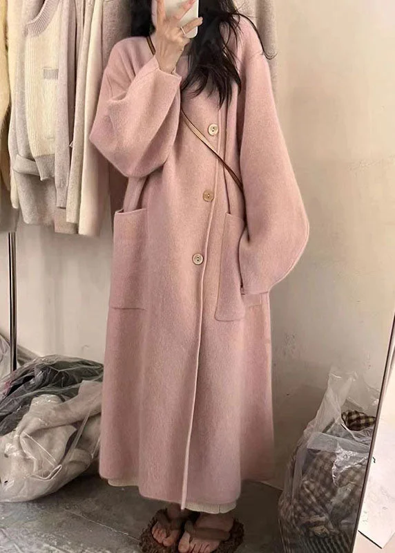 Checkered women's wool coats in a classic pattern for a timeless styleWomen Pink Turtleneck Button Pockets Cotton Knit Long Coats Long Sleeve