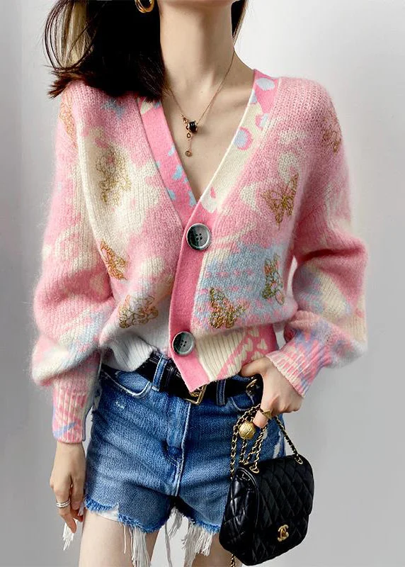 Belted women's cashmere coats in soft pastels for a luxurious feelWomen Pink V Neck Button Patchwork Cotton Knit Coats Long Sleeve