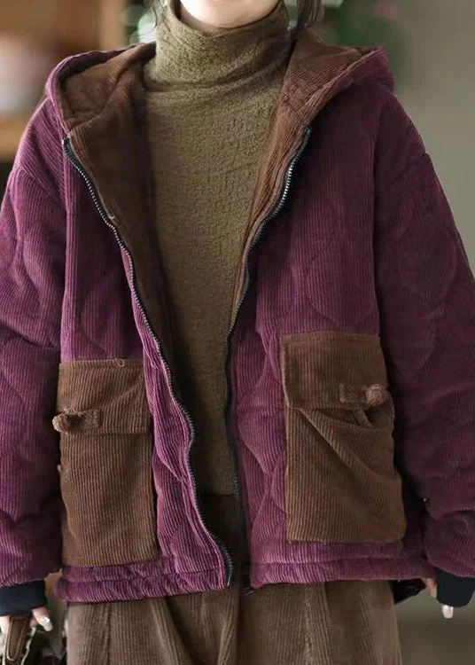 Women's longline double - breasted camel coats for a sophisticated lookWomen Purple Hooded Pockets Corduroy Fleece Wool Lined Jacket Winter