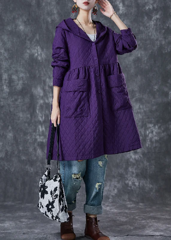 Hooded women's puffer coats in neon colors for high - visibility sportsWomen Purple Hooded Pockets Cotton Tench Coats Fall