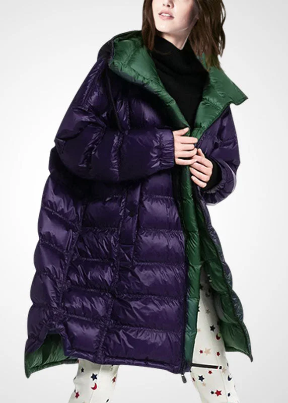 Women's reversible down coats with two - tone designs for versatile stylingWomen Purple Hooded Zippered Duck Down Puffer Coat Winter