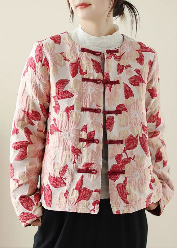 Plus size women's wool blend coats for a warm and stylish winterWomen Red O Neck Print Button Pockets Thick Coats Winter