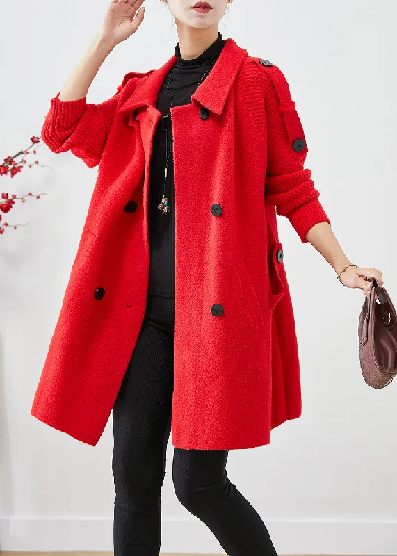 Women's reversible down coats with two - tone designs for versatile stylingWomen Red Oversized Knit Patchwork Woolen Coat Fall