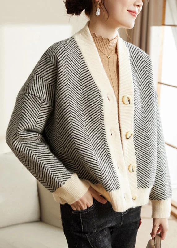 Women's cropped leather coats with silver studs for an edgy lookWomen Striped V Neck Button Patchwork Knit Coats Fall Women's cropped leather coats with silver studs for an edgy lookWomen Striped V Neck Button Patchwork Knit Coats Fall