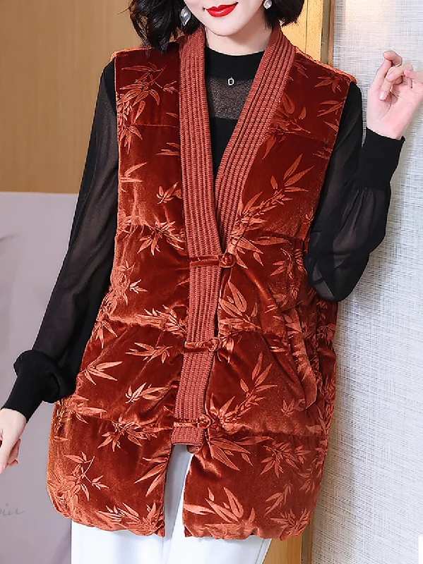 Women's knee - length wool blend coats with a fur collar for added warmthWomen Vintage Leaf Print Fleece Vest Down Coat Women's knee - length wool blend coats with a fur collar for added warmthWomen Vintage Leaf Print Fleece Vest Down Coat