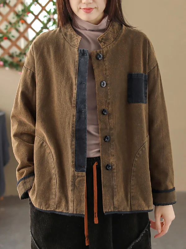 Women's pea coats with brass buttons for a nautical - inspired styleWomen Vintage Patch Spliced Stand Collar Coat
