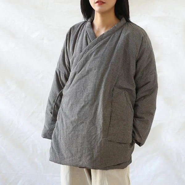 Checkered women's wool coats in a classic pattern for a timeless styleWomen Vintage Plaid Bandage Parkas Warm V-Neck Long Sleeve Winter Coats