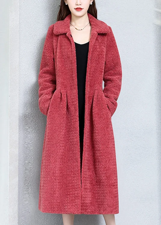 Shearling - lined women's leather coats for ultimate warmth and luxuryWomen Watermelon Red Wrinkled Pockets Teddy Faux Fur Coats Long Sleeve Shearling - lined women's leather coats for ultimate warmth and luxuryWomen Watermelon Red Wrinkled Pockets Teddy Faux Fur Coats Long Sleeve