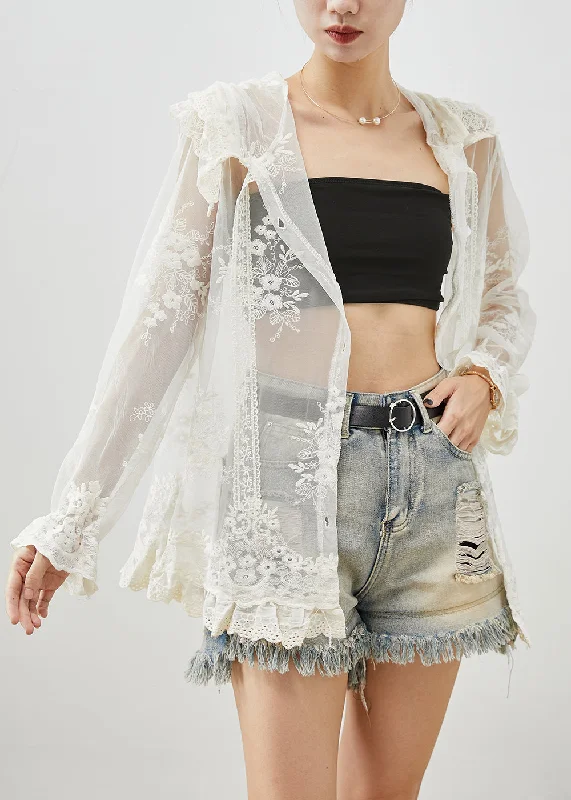 Oversized women's wool coats in a monochromatic look for a trendy outfitWomen White Hooded Embroideried Patchwork Tulle UPF 50+ Coats Fall Oversized women's wool coats in a monochromatic look for a trendy outfitWomen White Hooded Embroideried Patchwork Tulle UPF 50+ Coats Fall