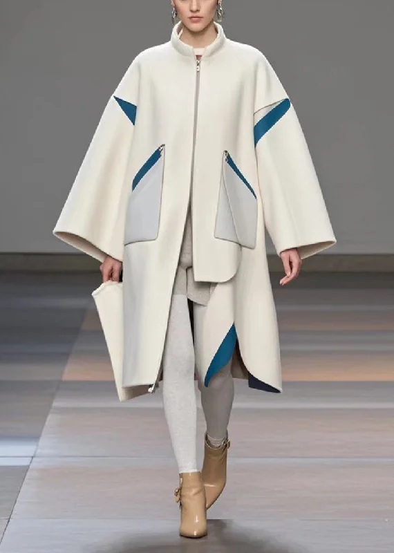 Embroidered women's cotton coats in a bohemian pattern for a unique designWomen White Stand Collar Patchwork Woolen Loose Trench Coat Fall Embroidered women's cotton coats in a bohemian pattern for a unique designWomen White Stand Collar Patchwork Woolen Loose Trench Coat Fall