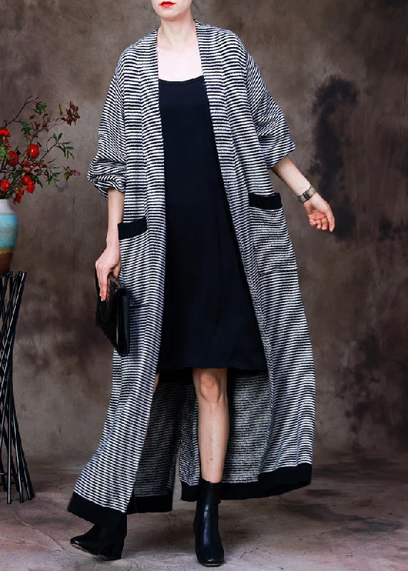 Shearling - lined women's leather coats for ultimate warmth and luxuryWomen White V Neck Pockets Striped Knit Trench Coats Long Sleeve Shearling - lined women's leather coats for ultimate warmth and luxuryWomen White V Neck Pockets Striped Knit Trench Coats Long Sleeve