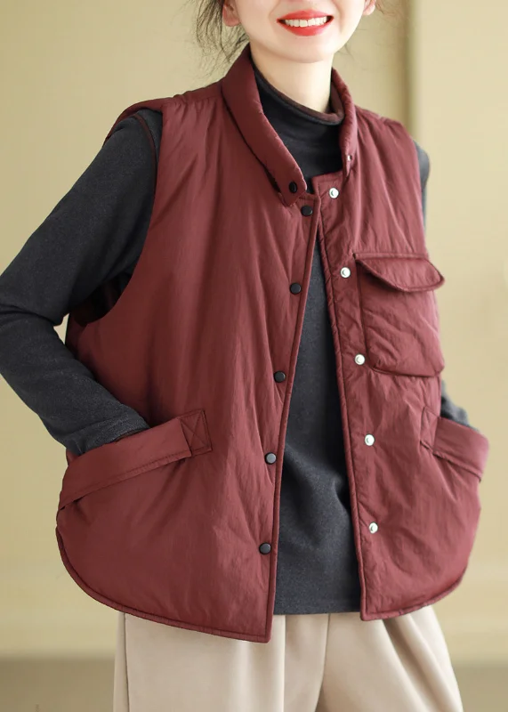 Women's faux fur coats in bright colors for a bold fashion statementWomen Wine Red Button Pockets Cotton Filled Waistcoat Sleeveless Women's faux fur coats in bright colors for a bold fashion statementWomen Wine Red Button Pockets Cotton Filled Waistcoat Sleeveless