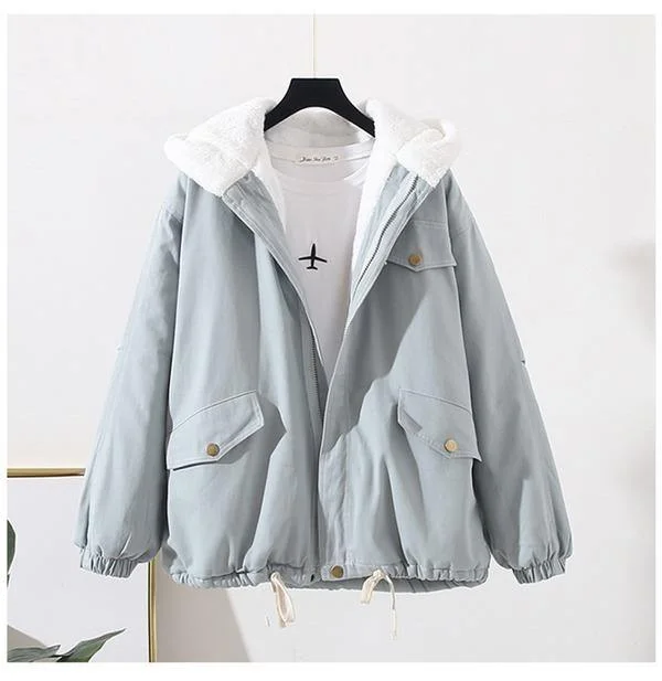 Women's long - sleeve wool coats in a houndstooth pattern for a classic charmWomen Winter Cotton Padded Jackets Hooded BF Tooling Cotton Lamb Wool Coat