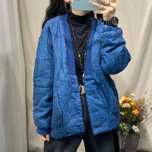 Women's knee - length wool blend coats with a fur collar for added warmthWomen Winter Patchwork V Neck Padded Coat Parkas Outerwear Ladies Vintage Parkas Female 2020 Vintage Topcoat