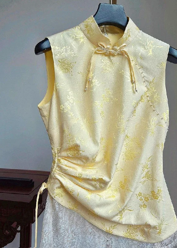 Mid - length women's down coats in a slim fit for a modern and sleek appearanceWomen Yellow Stand Collar Print Drawstring Silk Waistcoat Sleeveless Mid - length women's down coats in a slim fit for a modern and sleek appearanceWomen Yellow Stand Collar Print Drawstring Silk Waistcoat Sleeveless