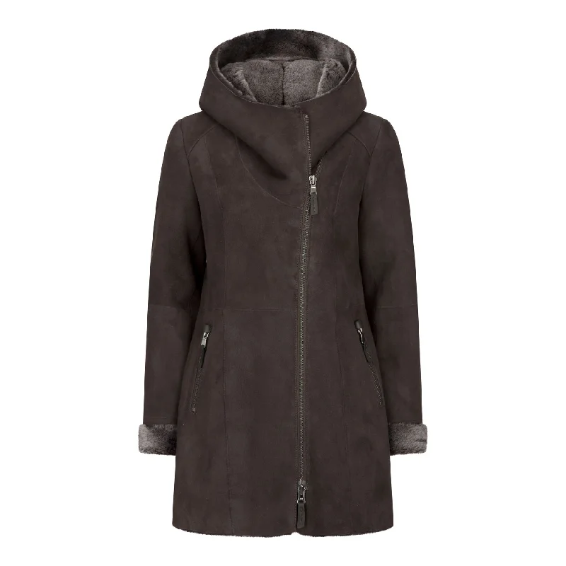 Shearling - lined women's leather coats for ultimate warmth and luxuryWomen's 3/4 Mid Length Sheepskin Brown Toscana Suede Hood Coat Shearling - lined women's leather coats for ultimate warmth and luxuryWomen's 3/4 Mid Length Sheepskin Brown Toscana Suede Hood Coat