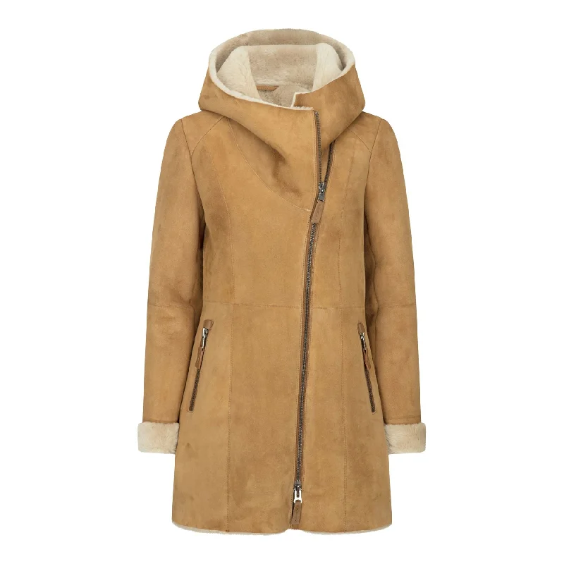 Women's reversible down coats with two - tone designs for versatile stylingWomen's 3/4 Mid Length Sheepskin Camel Cream Toscana Suede Hood Coat Women's reversible down coats with two - tone designs for versatile stylingWomen's 3/4 Mid Length Sheepskin Camel Cream Toscana Suede Hood Coat