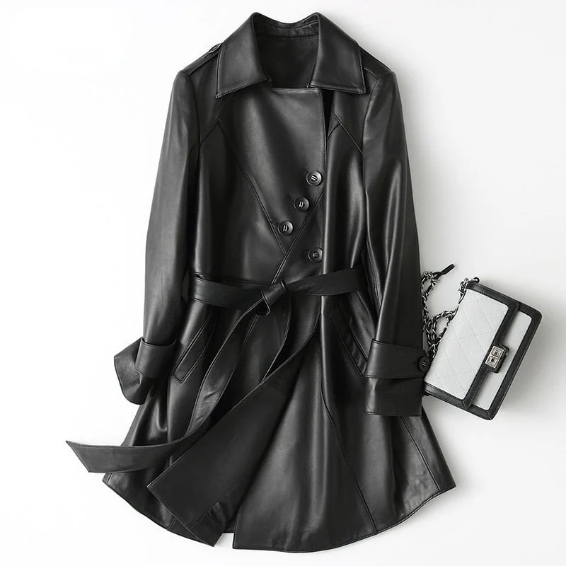 Women's long - sleeve wool coats in a houndstooth pattern for a classic charmWomen's Autumn Sheepskin Genuine Leather Motorcycle Long Jackets Women's long - sleeve wool coats in a houndstooth pattern for a classic charmWomen's Autumn Sheepskin Genuine Leather Motorcycle Long Jackets