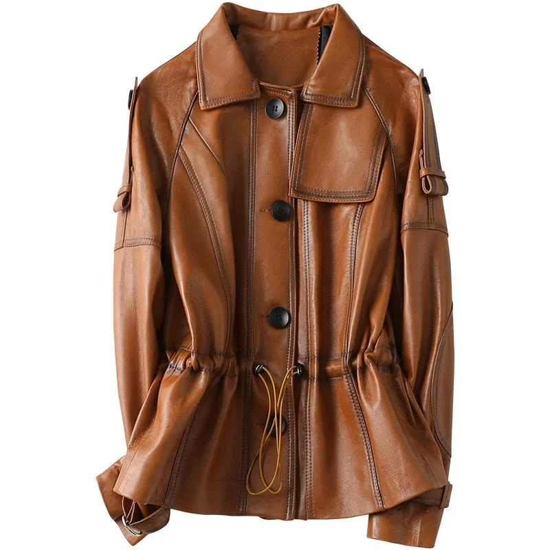Women's longline double - breasted camel coats for a sophisticated lookWomen's Autumn Sheepskin Genuine Leather Motorcycle Short Jackets Women's longline double - breasted camel coats for a sophisticated lookWomen's Autumn Sheepskin Genuine Leather Motorcycle Short Jackets