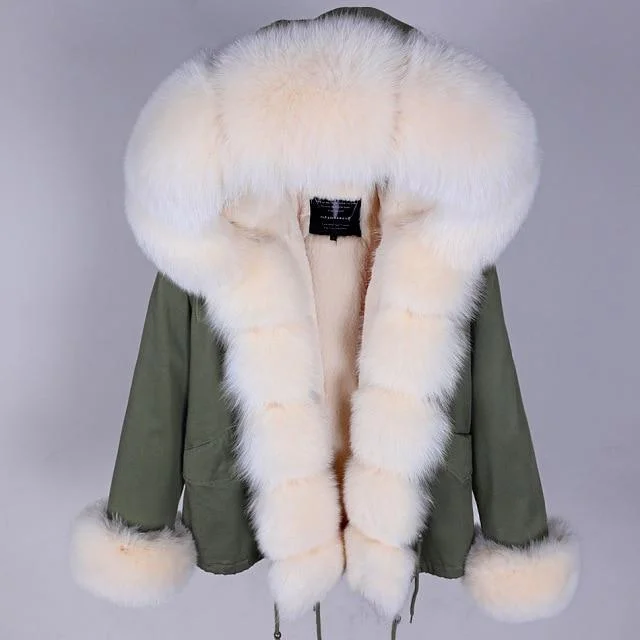 Mid - length women's down coats in a slim fit for a modern and sleek appearanceWomen's Big Thick Hood Coat Real Raccoon Fox Fur Warm Winter Zipper Jacket