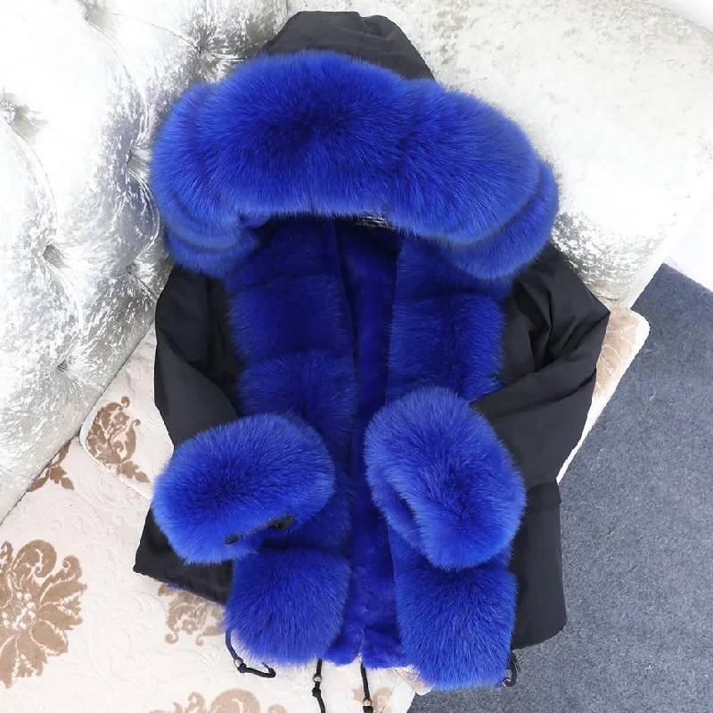 Women's knee - length wool blend coats with a fur collar for added warmthWomen's Big Thick Winter Parka Real Fox Raccoon Fur Hood Jacket with Zipper