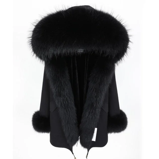 Hooded women's puffer coats in neon colors for high - visibility sportsWomen's Black Color Natural Racoon Fur Collared Coat Parka Jacket for Winter