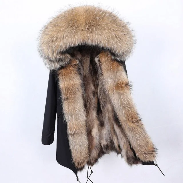 Water - resistant women's trench coats with adjustable cuffs for rainy daysWomen's Black Long Jacket with Contrast Natural Raccoon Fur Collar and Hood Water - resistant women's trench coats with adjustable cuffs for rainy daysWomen's Black Long Jacket with Contrast Natural Raccoon Fur Collar and Hood
