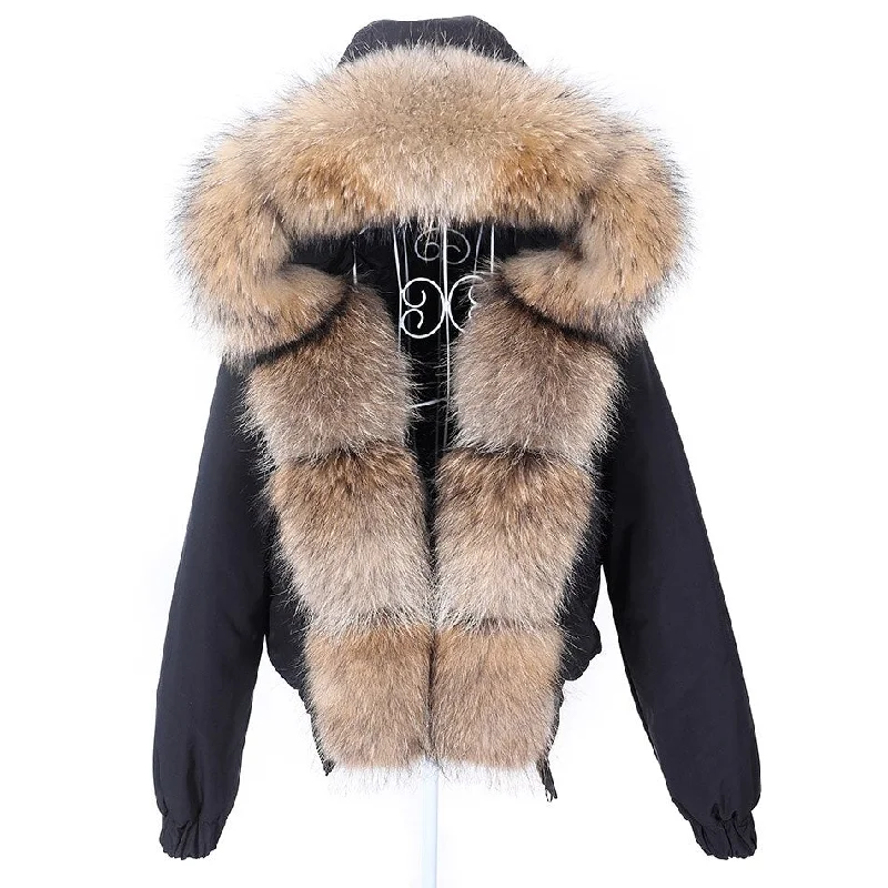 Women's longline double - breasted camel coats for a sophisticated lookWomen's Black Long-Sleeved Natural Raccoon Fur Collared Winter Jacket Women's longline double - breasted camel coats for a sophisticated lookWomen's Black Long-Sleeved Natural Raccoon Fur Collared Winter Jacket