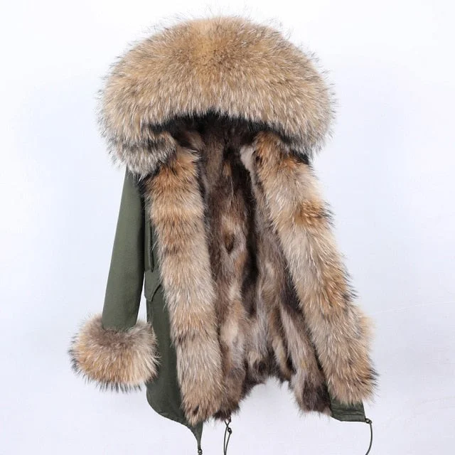 Embroidered women's cotton coats in a bohemian pattern for a unique designWomen's Contrast Natural Raccoon Fur Collar Hood and Sleeves Winter Jacket Embroidered women's cotton coats in a bohemian pattern for a unique designWomen's Contrast Natural Raccoon Fur Collar Hood and Sleeves Winter Jacket