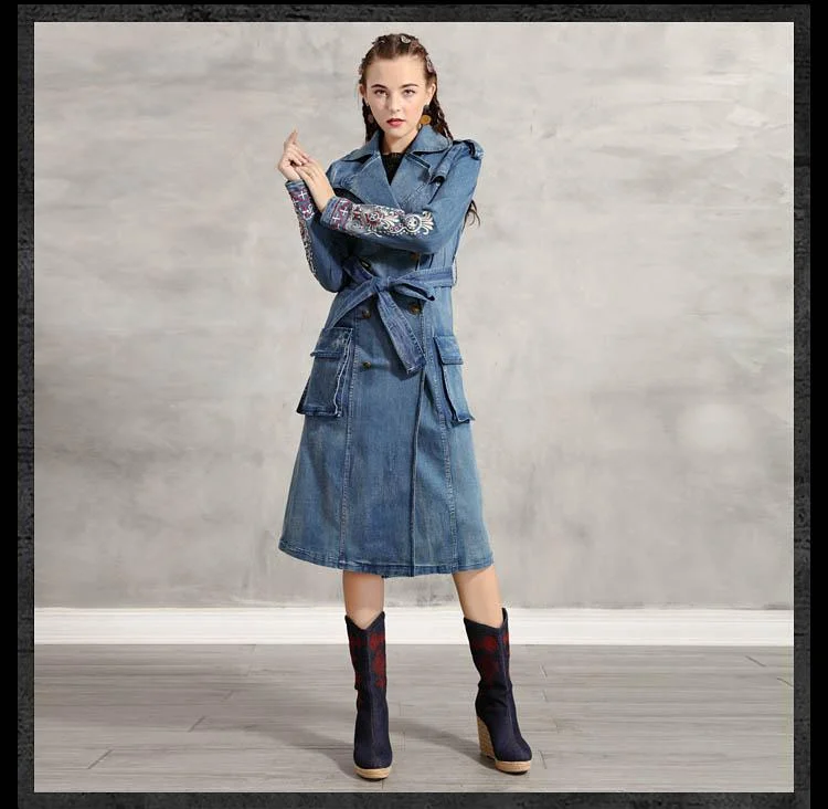 Women's long - sleeve wool coats in a houndstooth pattern for a classic charmWomen's Denim Long Sleeve Vintage Embroidery Turn Down Collar Trench Coats Women's long - sleeve wool coats in a houndstooth pattern for a classic charmWomen's Denim Long Sleeve Vintage Embroidery Turn Down Collar Trench Coats