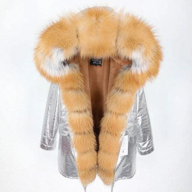 Oversized women's wool coats in a monochromatic look for a trendy outfitWomen's Fox Fur Leather Large Hooded Long Detachable Slim Coats & Jackets