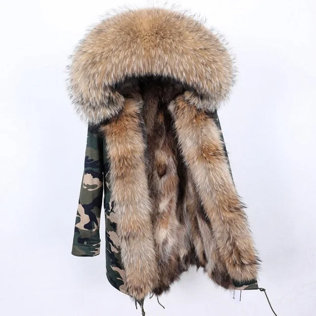 Women's longline double - breasted camel coats for a sophisticated lookWomen's High Street Style Natural Raccoon Fur Collar Long Winter Jacket
