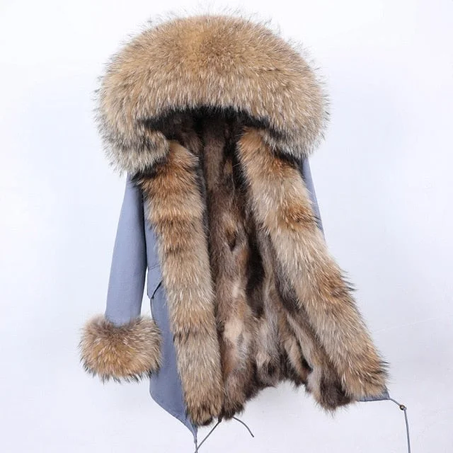 Quilted down women's coats with removable hoods for outdoor activitiesWomen's Jacket with Contrast Natural Raccoon Fur in Collar Hood and Sleeves Quilted down women's coats with removable hoods for outdoor activitiesWomen's Jacket with Contrast Natural Raccoon Fur in Collar Hood and Sleeves
