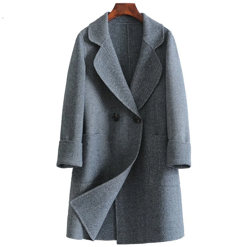 Shearling - lined women's leather coats for ultimate warmth and luxuryWomen's Korean Fashion Wool Reversible Wide-waisted Long Jackets