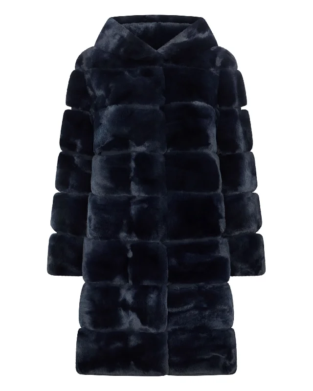 Women's long - sleeve wool coats in a houndstooth pattern for a classic charmWomen's Long Rex Hooded Coat Dark Navy Blue Women's long - sleeve wool coats in a houndstooth pattern for a classic charmWomen's Long Rex Hooded Coat Dark Navy Blue