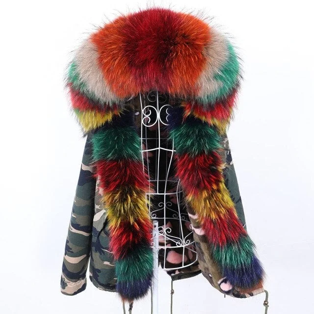 Hooded women's puffer coats in neon colors for high - visibility sportsWomen's Multicolor Natural Raccoon Fur Collared Camo Winter Jacket